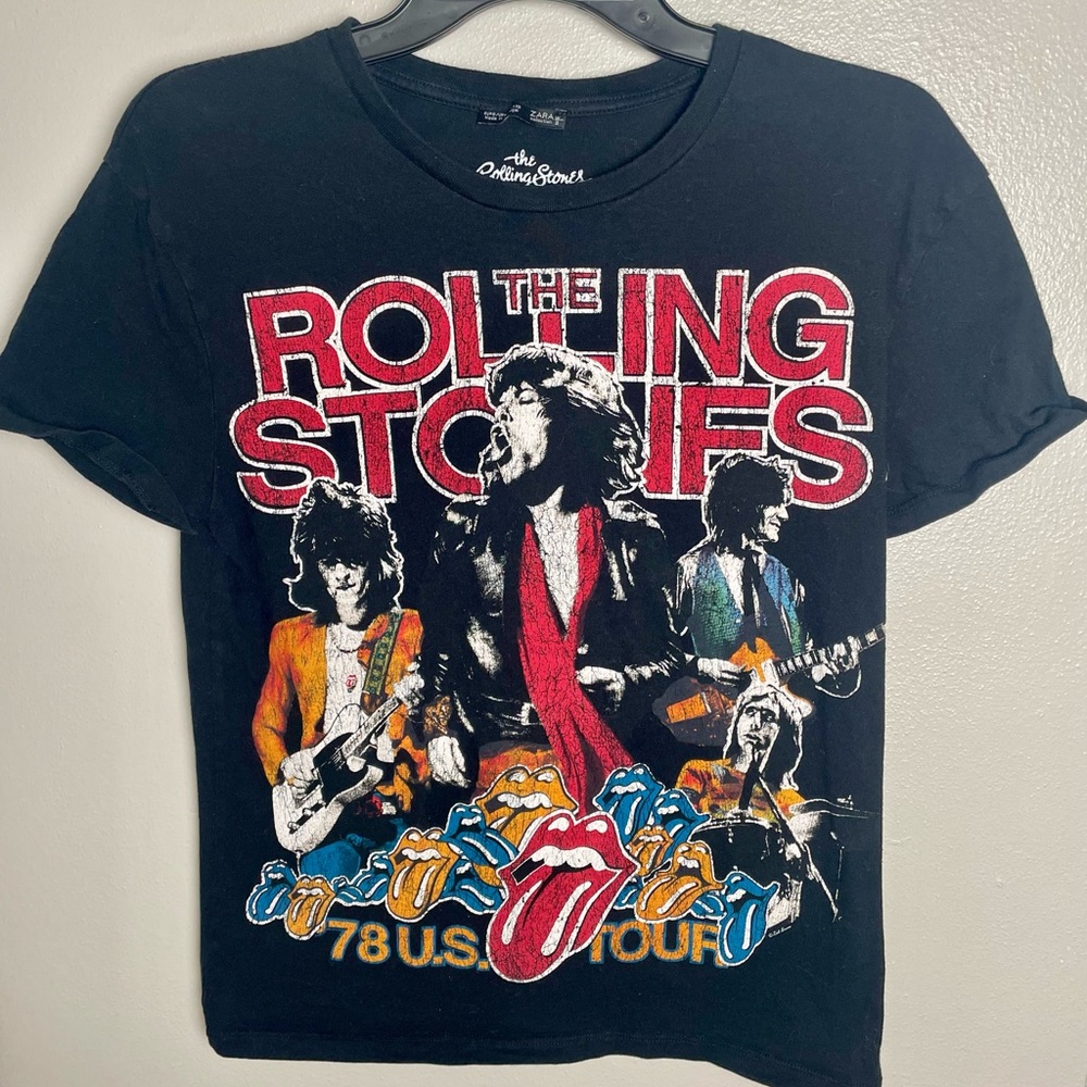 Zara Black Rolling Stones Graphic Tee with Red Accents